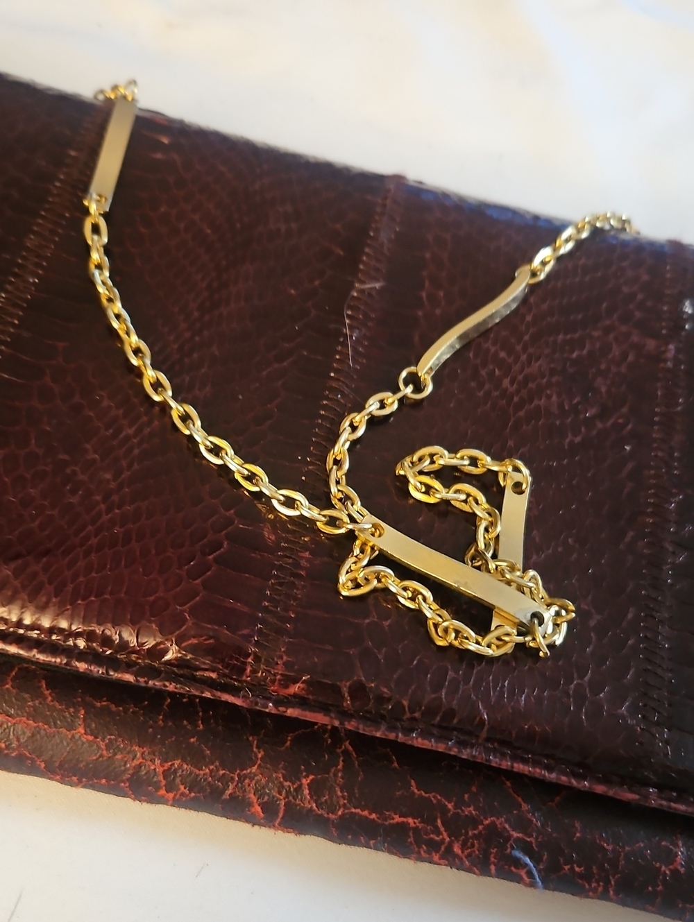 Vintage Authentic snake Skin Leather Clutch with Gold Chain